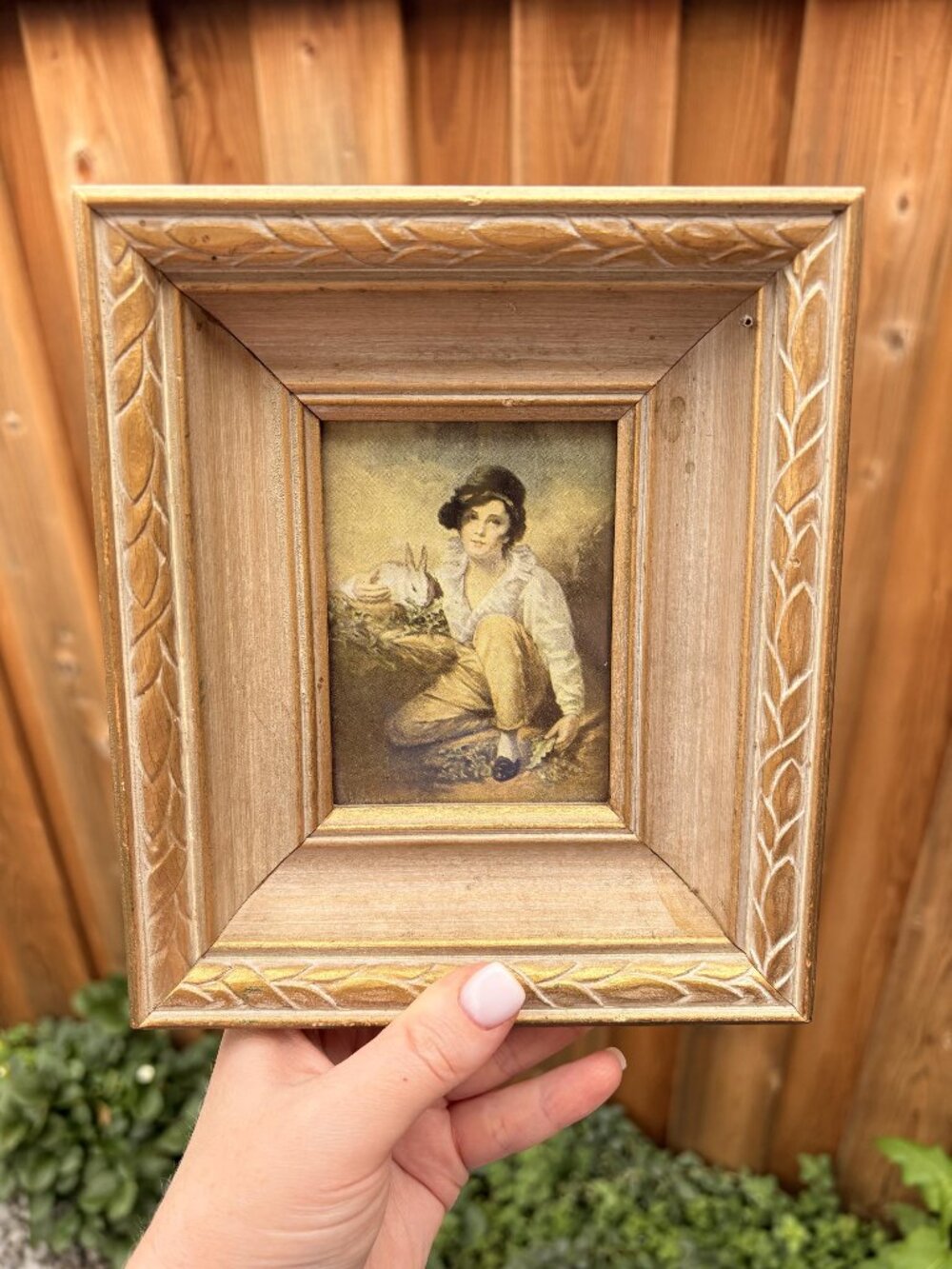 Vintage Framed Boy with Bunny Print, Cottagecore Nursery Art (7x6.3 in)